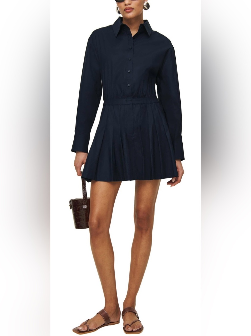 NWT Reformation Liora Mini Shirt Dress Long Sleeves Pleated Skirt - Navy - Sz 4